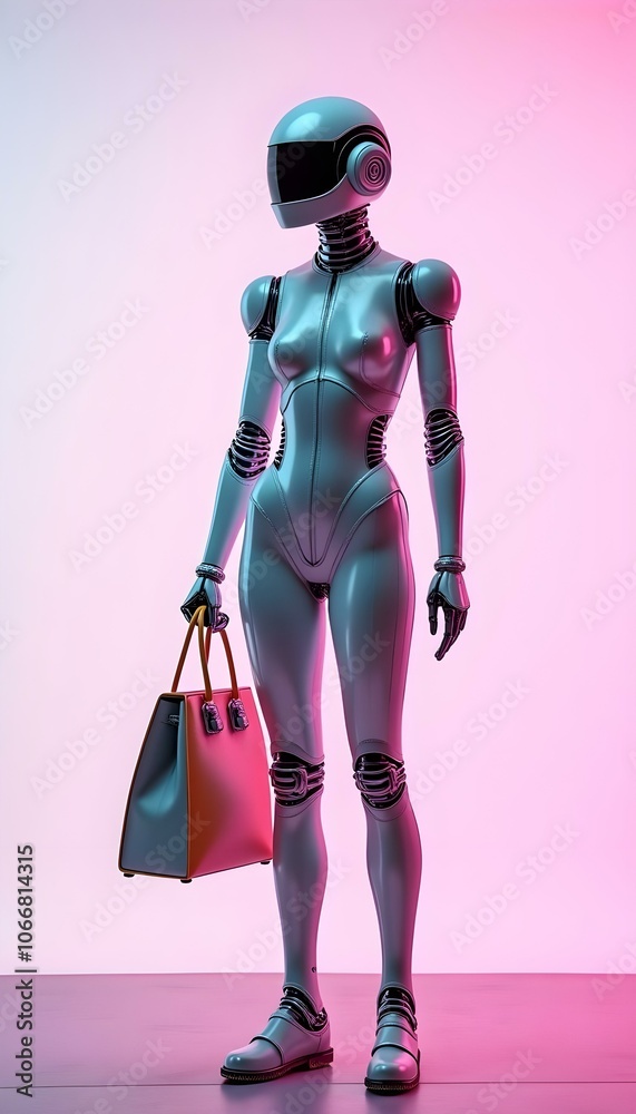 Silver Robot Model Featuring Black Handbag for Women Elegant Minimalistic Fashion Silver Robot Model Featuring Black Handbag for Women Elegant Minimalistic Fashion