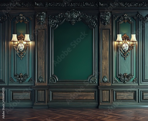 Photorealistic setting with emerald and wooden paneled walls.