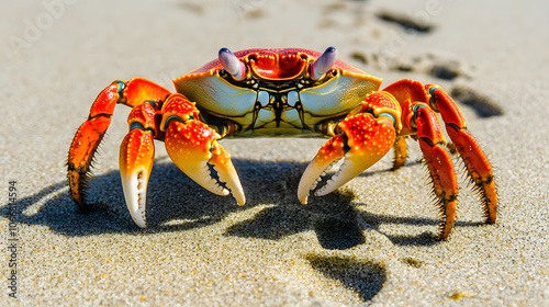 a close up of a crab on a beach with footprints in the sand and one of the crabs is facing the camera and the other crab is facing the camera. photo