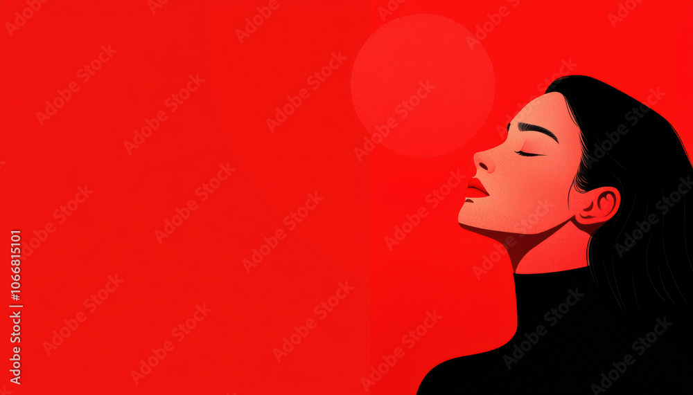A serene portrait of a woman against a bold red background, exuding tranquility and confidence with her eyes closed.