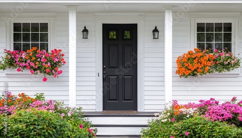 Daylight shot of a white house with a black door and vibrant porch florals.