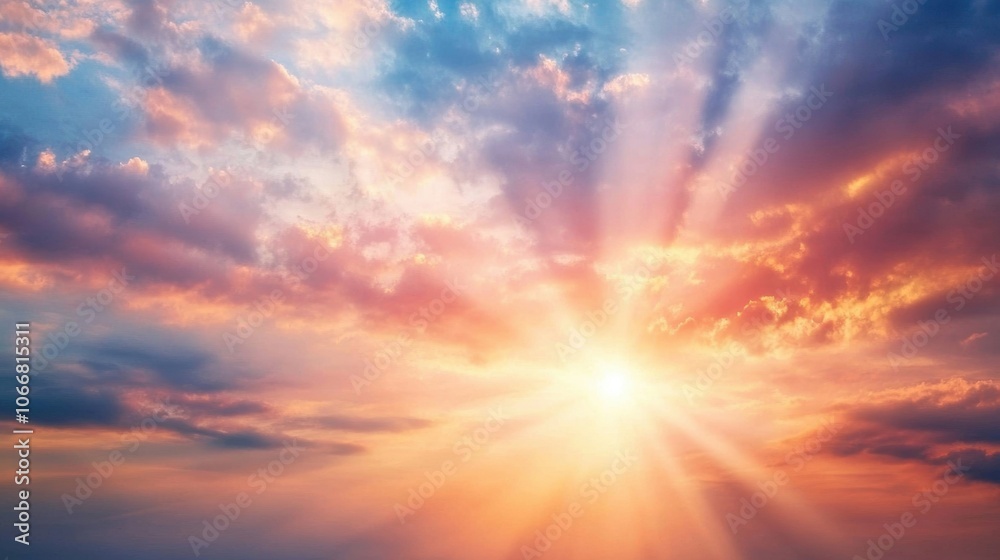 Obraz premium The sun casts brilliant rays through soft clouds, illuminating the sky with warm hues at dusk, creating a serene atmosphere