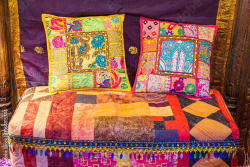 Beautiful Turkish fabric pillow decoration for home and building interior design elements in classical Arabian style. An atmosphere of traditional decor. Luxury and classic of the room.