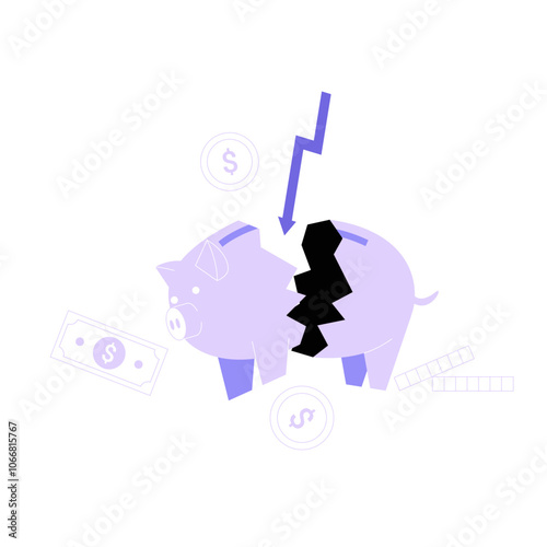 Broken Piggy Bank In Flat Vector Illustration Representing Financial Loss, Debt, And Economic Hardship, Isolated On White Background.