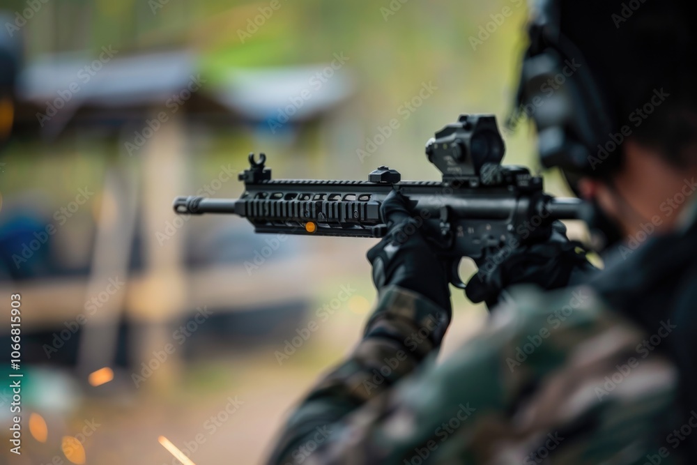 Shooting Gun. Man Aiming with Sub Machine Gun at Target in Gun Shooting Competition Shooting Gun. Man Aiming with Sub Machine Gun at Target in Gun Shooting Competition