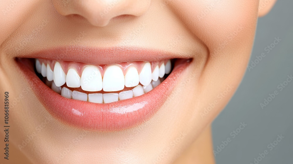 Obraz premium Close-Up of Womans Perfect Smile with Healthy White Teeth and Pink Lips, Dental Care Concept