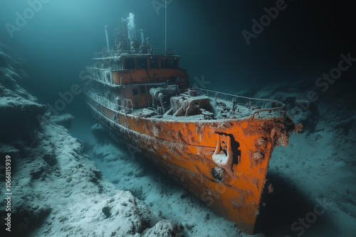 Sunken ship at the bottom of the ocean..