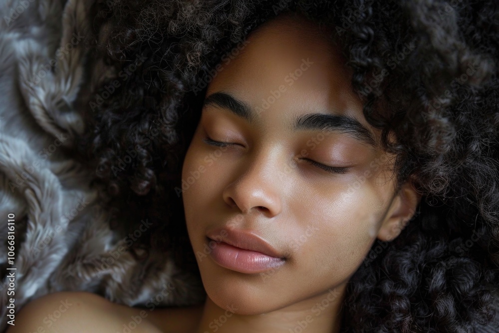 Fototapeta premium Sleeping Adult - Close-up Portrait of a Pretty Black Woman with Curly Hair Sleeping in Bed with Closed Eyes