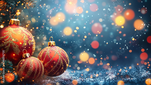 Shiny red Christmas ornaments resting on a snowy surface with festive lights in the background