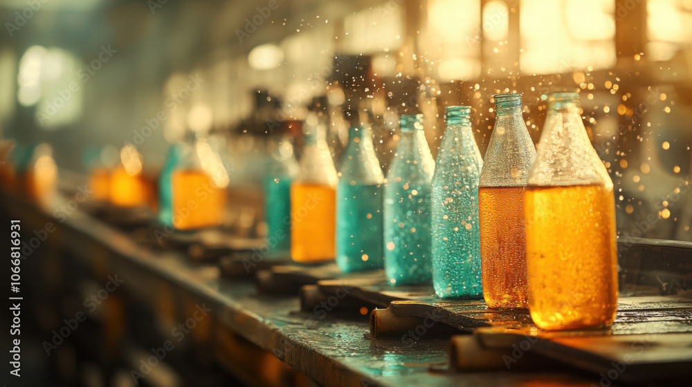 Bottles filled with colorful beverages are lined up on production line, glistening with droplets of water. warm light creates vibrant atmosphere, enhancing visual appeal Bottles filled with colorful beverages are lined up on production line, glistening with droplets of water. warm light creates vibrant atmosphere, enhancing visual appeal