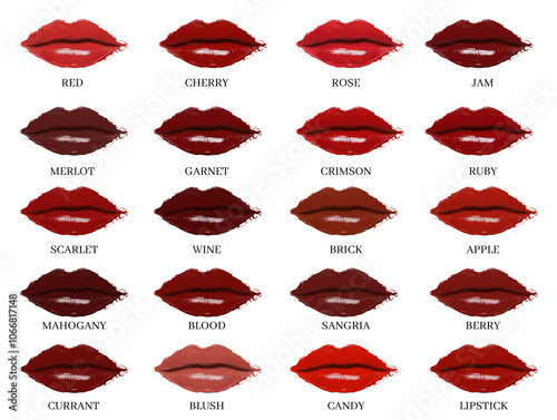 A close up of a red lip with powder on it. Image of lips with lipstick, unique red lipstick color names. Concept of glamour and sophistication, as the red lip is a classic and timeless makeup look photo