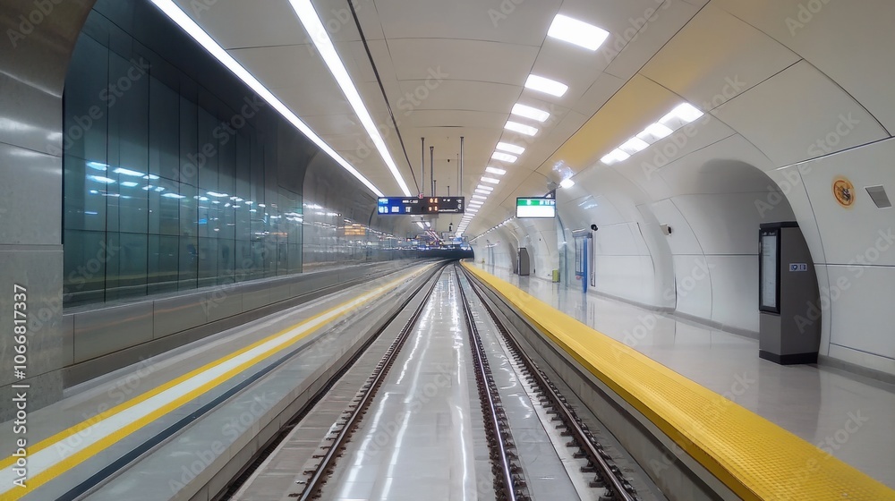 City metro station with empty tracks, representing urban transit and fast city travel City metro station with empty tracks, representing urban transit and fast city travel