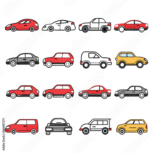 front and side view car icons line and silhouette