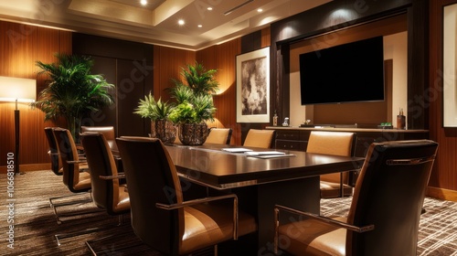 A sleek conference room with modern technology and design, 