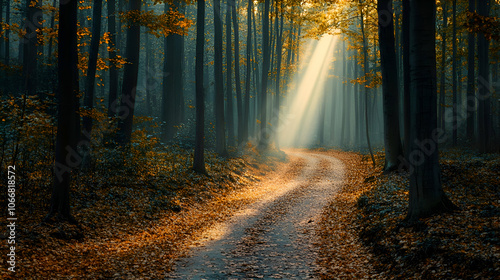 A winding path leads through a misty autumn forest, bathed in warm sunlight.