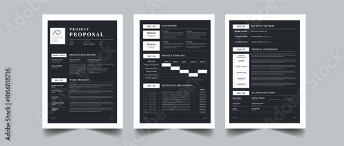 Black Proposal, Project proposal and Project Plan layout design with 3 page full concept design