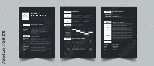 Black Proposal, Project proposal and Project Plan layout design with 3 page full concept design