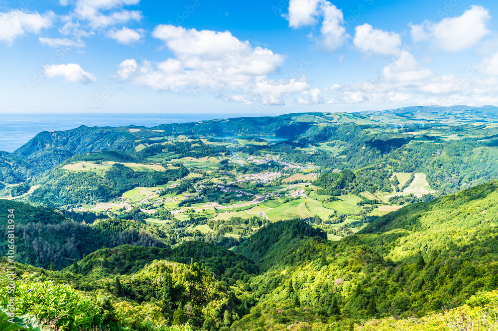 Obraz premium A view above the Furnas Caldera on the island of Sao Miguel in the Azores in summertime