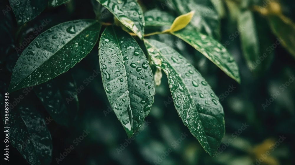 Fototapeta premium Close-up of water drops on a green leaf, highlighting the beauty of nature with a blurred background, creating a serene atmosphere. Ideal for nature photography with copy space.