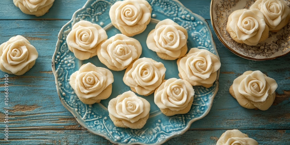 Homemade butter cookies shaped like roses are adorned with a light, airy glaze. Set against a rustic blue background, they create a delightful light breakfast feel in a family celebration. Homemade butter cookies shaped like roses are adorned with a light, airy glaze. Set against a rustic blue background, they create a delightful light breakfast feel in a family celebration.