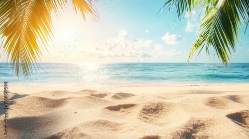 Relaxing summer beach vacation background with soft sand, vibrant azure sea, and warm sun creates a beautiful scene. Ideal for summer vacation themes with copy space.