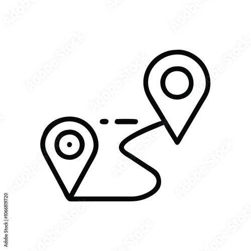 Route with Location Pins Outline Icon, Simple black outline icon showing a route connecting two location pins, perfect for navigation apps, maps, and travel-related designs.
