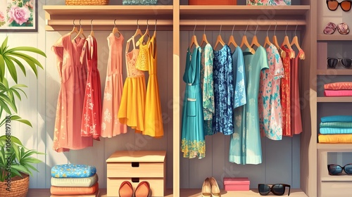  Modern wardrobe with stylish spring clothes and accessories