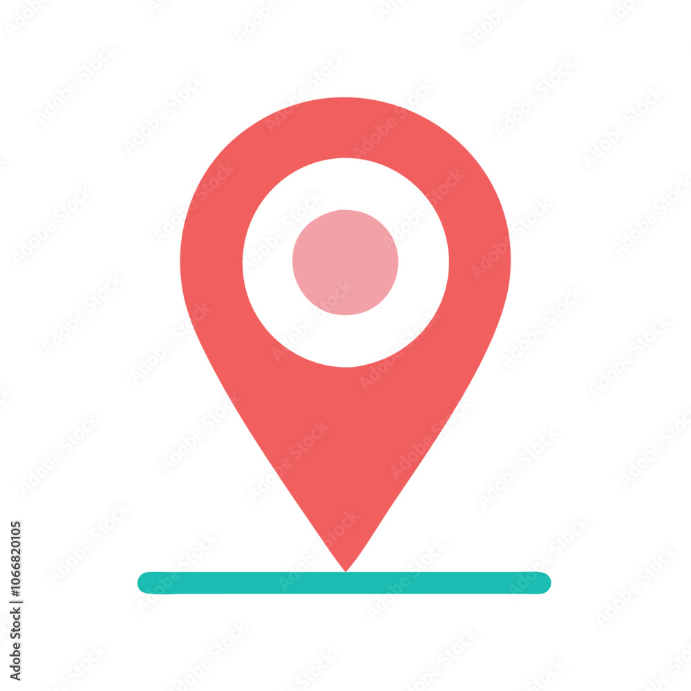 Minimalist Red Location Pin Icon, Simple and flat red location pin icon with green base, perfect for maps, navigation apps, and user interface design elements.
