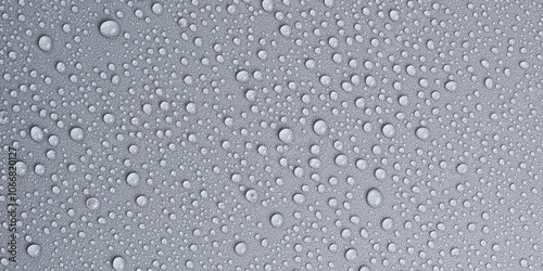 Textured gray background with clear water drops, background for design or text. Top view. Free space. photo