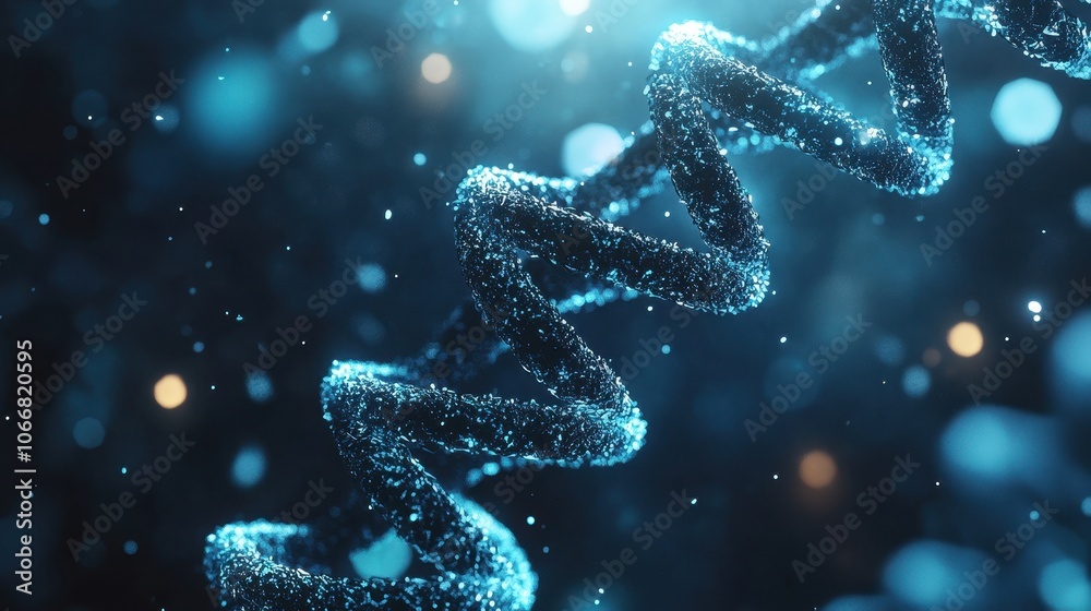 A double helix shape made of blue particles. Represents DNA and genetic information. A double helix shape made of blue particles. Represents DNA and genetic information.