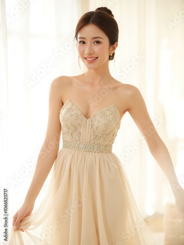 Real photo a woman in an evening dress with a low neckline rejoices, white background