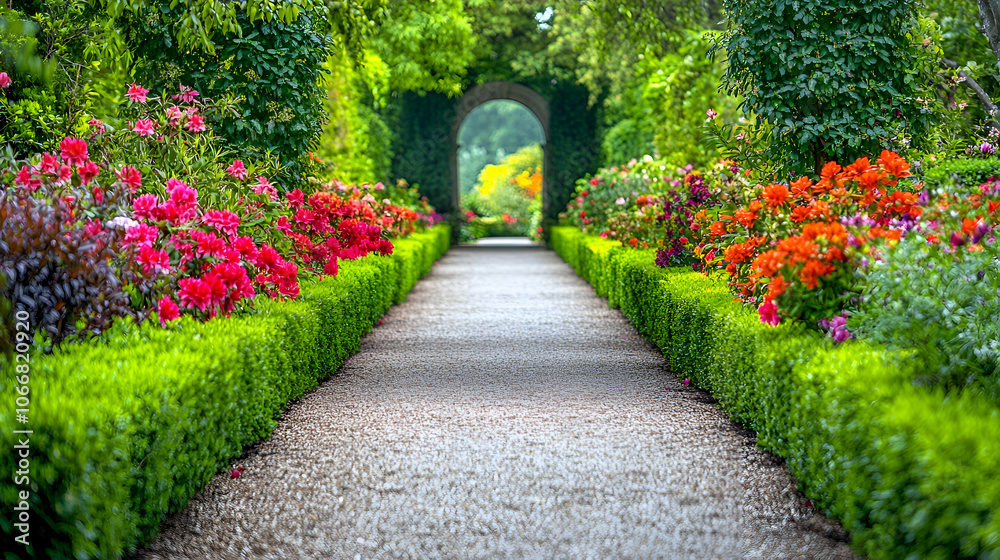 Stone path leads to a stone archway through a colorful garden with lush green bushes. Stone path leads to a stone archway through a colorful garden with lush green bushes.