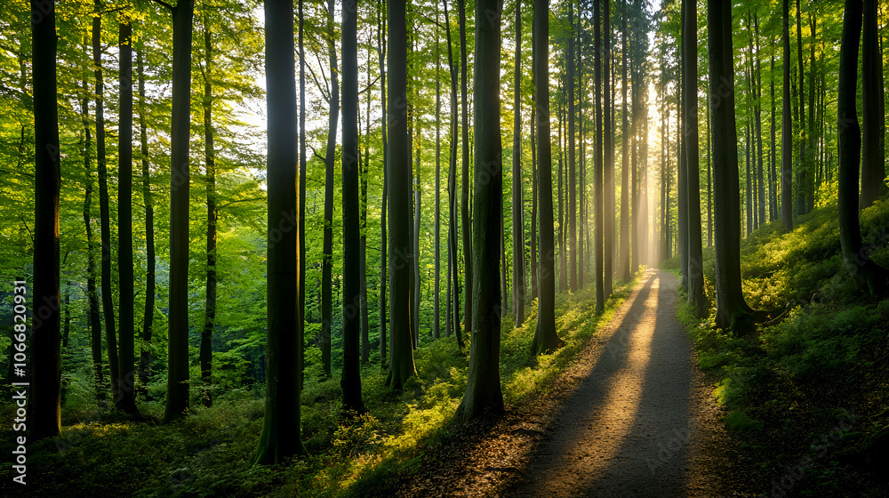 Fototapeta premium Sun rays illuminate a path through a dense forest.