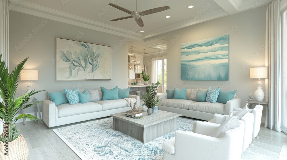 Fototapeta premium Modern Living Room Interior with Coastal Decor and White Furniture