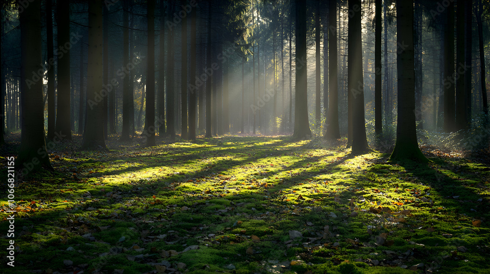 Sunbeams illuminate a misty forest path, casting long shadows on the moss-covered ground. Sunbeams illuminate a misty forest path, casting long shadows on the moss-covered ground.