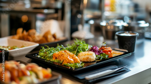 Digital food menu displayed on tablet screen featuring diverse dishes in a vibrant restaurant setting during lunch hours