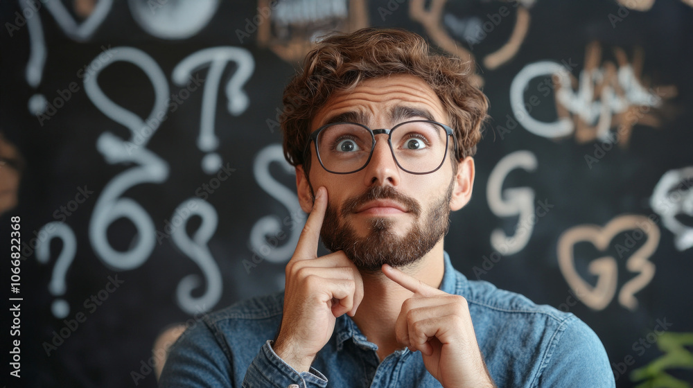 A thoughtful individual engages in confident questioning amidst thoughtful expressions and chalkboard illustrations in a creative space A thoughtful individual engages in confident questioning amidst thoughtful expressions and chalkboard illustrations in a creative space
