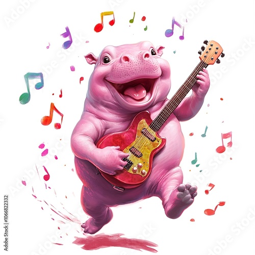 Playful hippo strums guitar and sings joyfully while surrounded by colorful music notes