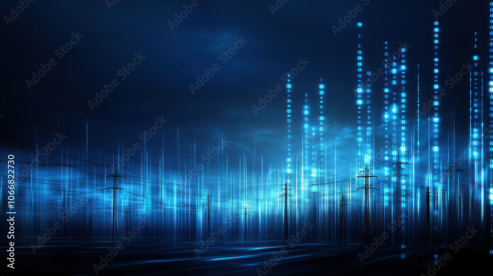 Silhouette of electric substation at dusk with blue light effects, creating futuristic atmosphere Silhouette of electric substation at dusk with blue light effects, creating futuristic atmosphere