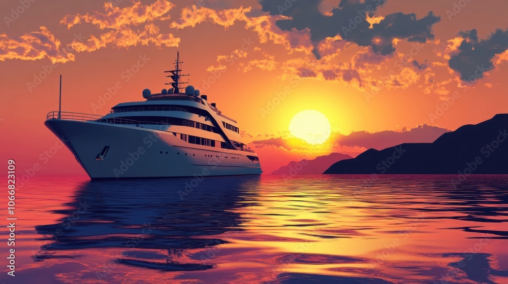 Passenger ship sailing under a sunset, symbolizing luxury travel and water transport Passenger ship sailing under a sunset, symbolizing luxury travel and water transport