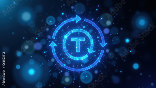 Digital Ci/Cd process circle with blue glow and particles.