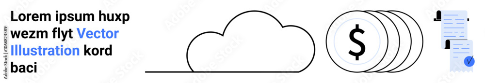 Cloud shape with dollar coins and documents represents financial management. Ideal for fintech, investment, accounting, cloud computing, banking, finance courses, and online transactions. Landing