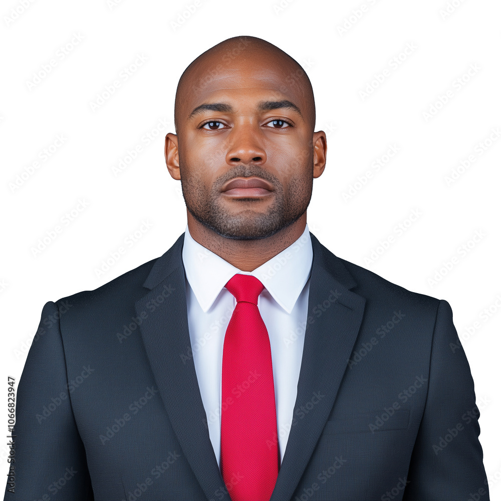 Serious bald businessman in black suit with red tie on transparent background Serious bald businessman in black suit with red tie on transparent background