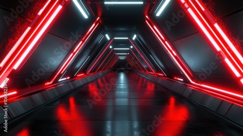 A futuristic triangle passageway with dark glossy walls and vibrant neon red lines running along the edges creating