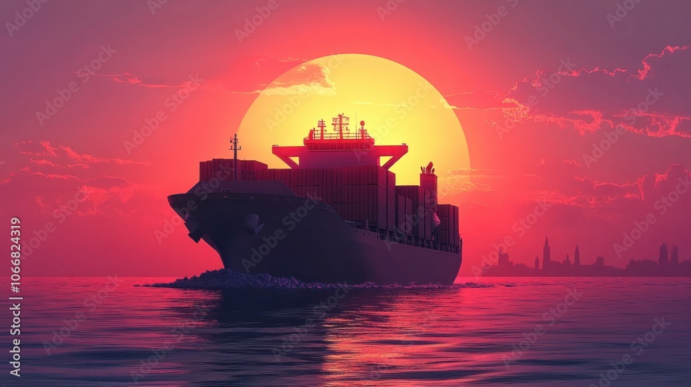 Silhouette of a cargo ship at sunrise on the open ocean, representing global transport and logistics Silhouette of a cargo ship at sunrise on the open ocean, representing global transport and logistics