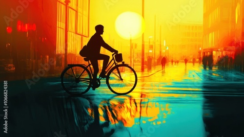 Wallpaper Mural Silhouette of a cyclist on a city street, symbolizing eco-friendly transport on a vibrant background Torontodigital.ca