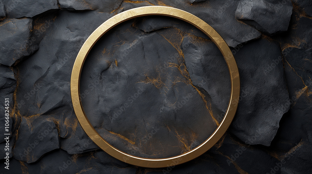 Gold metal round frame on a dark stone background Gold metal round frame on a dark stone background
