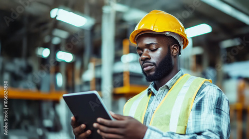 A construction worker reading a report on a tablet in an industrial setting during the day