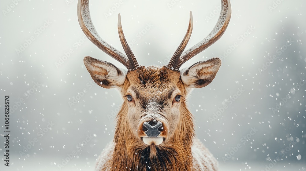 Majestic Deer in Snowy Winter Landscape with Falling Snowflakes and Serene Forest Background