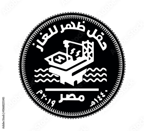 50 piastres of Egypt. 50 piastres 2019 Zohr gas field. Obverse of Egyptian fifty piastres coin in vector illustration. The coin is depicted in black and white.